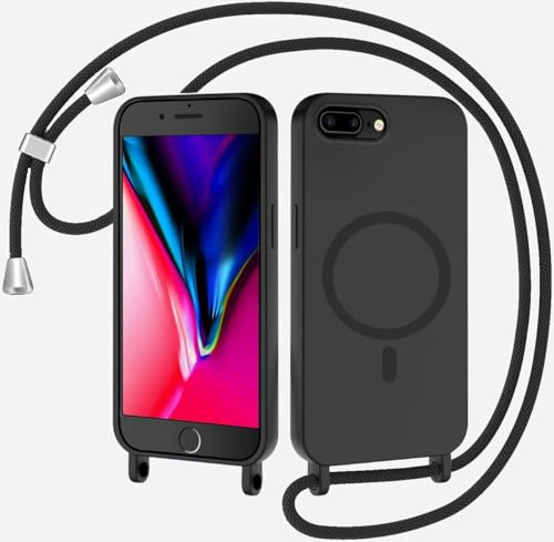 SLWYF Magnetische Handykette für iPhone 6/7/8 Plus Hülle mit Band, Handyhülle Kompatibel mit MagSafe, Silikon Seil Necklace Handyhülle PU Stoßfest mit Abnehmbar Kordel zum Umhängen Case - Schwarz