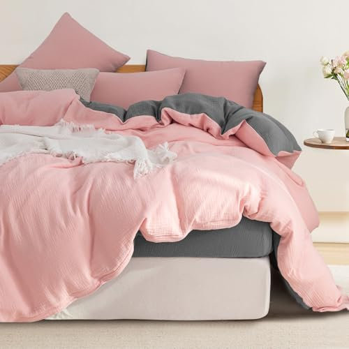 Boqingzhu Baumwolle Muslin Bettwäsche Rosa Grau 135x200cm Weich Kuschelig Sommer Wendebettwäsche Set Pink Altrosa Bettbezug 135x200cm und Kissenbezug 80x80cm