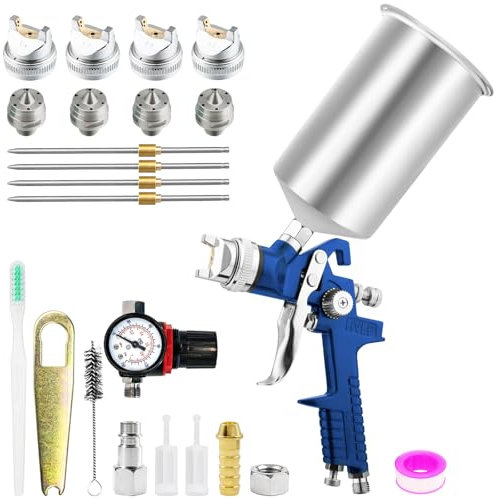 Pistola a spruzzo HVLP con tazza in alluminio da 1000cc e 4 ugelli da 1,4/1,7/2,0/2,5mm, Pistola per verniciatura ad aria per auto, verniciatura di mobili