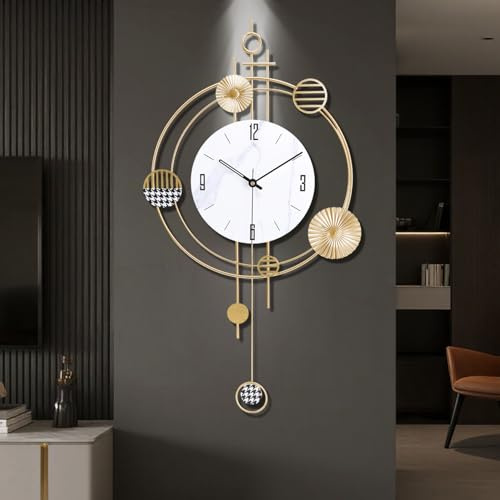 Gilacco Wanduhr für Wohnzimmer, geräuschlos, hochwertig, Quarz, batteriebetrieben mit Pendel, analog, große Wanduhren für Küche, Badezimmer, Schlafzimmer, Wanddekoration, 39 x 71 cm (Gold)
