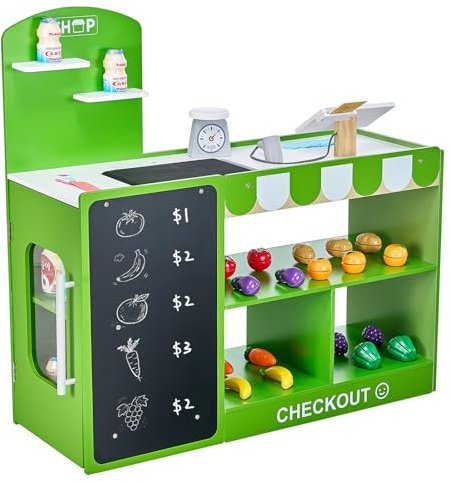 VEVOR Kids Pretend Play Grocery Store, Wooden Play Market Stand with Shopping Bag, Conveyor Belt, Scanner, Cash Register, Realistic Scale, Gift for Boys & Girls