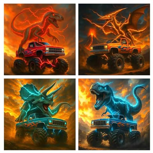 WEMEON 4 Stück Diamond Painting Erwachsene, 5D Diamond Painting Dinosaurier, DIY Diamant Painting für Anfänger and Wohndekoration 30x30cm