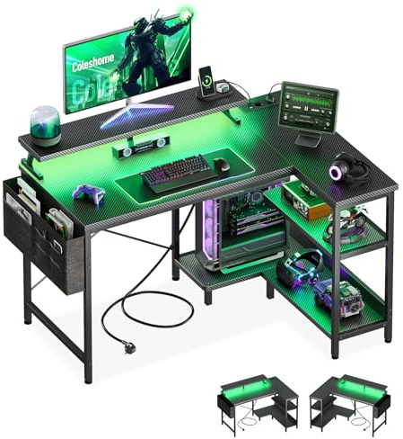 Coleshome Bureau Gaming LED, 100x70cm,Carbone Noir | Bureau d'angle avec support écran, rangement intégré et ports USB pour organiser une station gaming ou un espace d'étude.