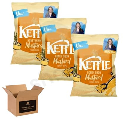 Kettle Chips Variety Flavoured Potato Crisps Snacks – Hand Cooked Thick Cut Crispy | Sea Salt, Balsamic Vinegar & more – Crunchy Vegetarian (Pack 3, Honey Dijon Mustard 130g)