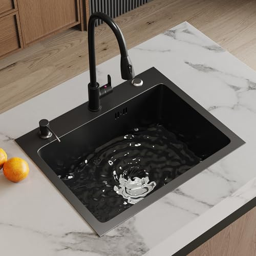 HystinKAT Spülbecken Küche Schwarz Edelstahl – Küchenspüle Set mit Auszieharmatur, rostfrei & kratzfest, Einzelbecken für Einbau- & Unterbau-Montage, inkl. Seifenspender (55x45 cm)