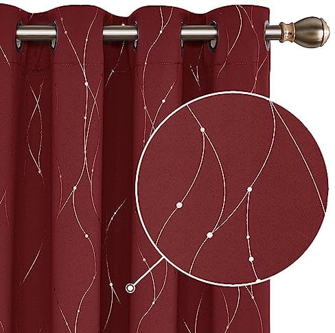 Deconovo Super Soft Dotted Line Foil Printed Thermal Insulated Blackout Curtains Window Treatment Eyelet Curtains for Children 46 x 72 Inch Red Two Panels