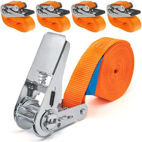 INDUSTRIE PLANET 4 Stück 800kg 4m Spanngurte mit Ratsche einteilig 1-teilig Ratschengurte Zurrgurte 25mm orange 800 daN 0,8t