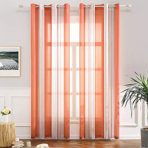MIULEE Rideaux Voilage à Rayures Blancs et Orange, Voilages Intérieurs avec Oeillets, Beaux Voile Rideau Voilage Fenetre Chambre, Lot de 2 Transparent Rideaux Salon Hauteur 245 CM