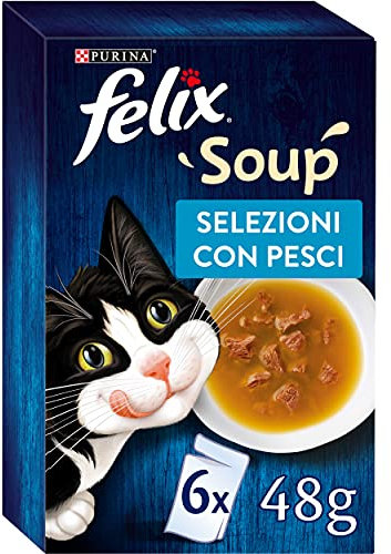 Purina Felix Soup Original Nassfutter für Katzen mit Kabeljau, Thunfisch und Platessa, 8 Packungen mit 48 Beuteln zu je 48 g