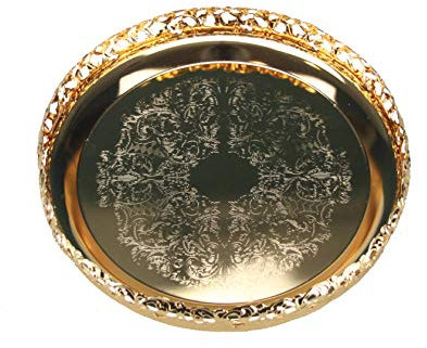 Gold Serving Tray Round Decorative Mirror Polished Paandan Tray Plated Engraved Tray Centrepiece Tealight Candles Plate Tea Fruit Platter Snacks Cupcake Drinks Serving Tray 23cm (Style 1 - Gold)