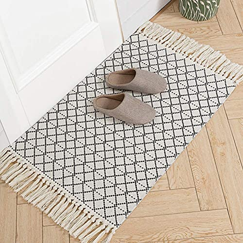 hi-home Boho Teppich, Baumwolle Gewebte Teppiche mit Quasten Gitter Muster Waschbar Teppich Retro Läufer für Wohnzimmer Schlafzimmer Eingangstür Küche 60x90cm (Schwarz)