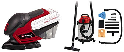 Einhell Ponceuse multifonctions TE-OS 18/150 Li-Solo Power X-Change (18 V, 24 000 oscillations/min, bac collecteur de poussière, avec 6 feuilles abrasives) Livré avec Aspirateur Synchro TC-VC 1820 SA