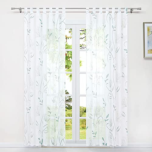 HeichkelL 2er-Pack Gardinen Transparent mit Schlaufen Dekoration Vorhänge für Wohnzimmer Bedruckt Schlaufenschals Blumen-Pflanzen Motiv Weiß-Grün BxH 140x225 cm