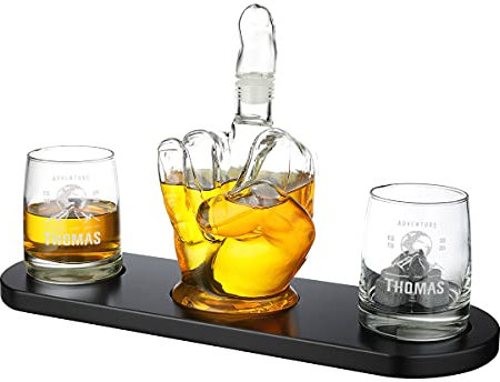 Whisky-Dekanter 6-TLG für Scotch und Bourbon - 1x Glaskaraffe mit Trichter, 2x Gläser mit Motiv graviert und 1x Holzständer - verschlussicherer Stopfen - für echte Genießer - Finger - Motiv Bergwelt