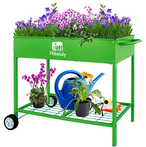 Flibaluly Jardinière surélevée sur roulettes en métal avec étagère inférieure pour ranger les outils, légumes, herbes, fleurs (vert)