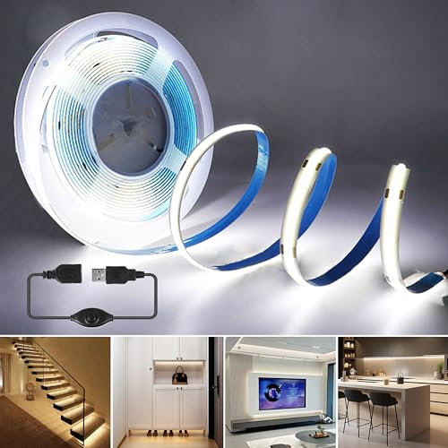 RYE bande lumineuse LED COB TV USB 2M 5V,blanc froid 6000K Dimmable,Autocollant Ruban led flexible pour Contexte télévisuel,miroir,Escalier,Chambre,Cuisine bricolage éclairage avec d'un contrôleur