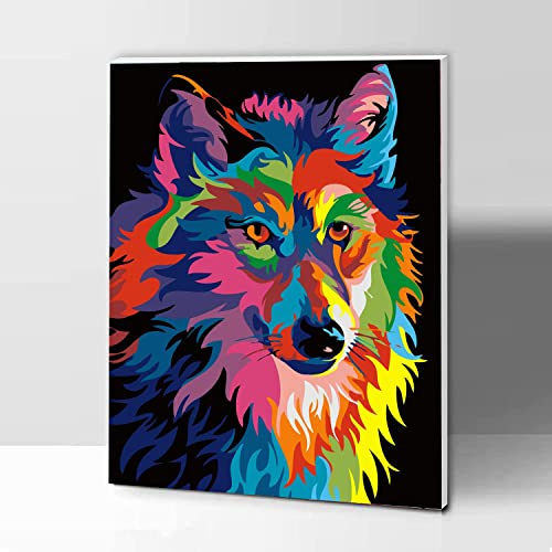 KOMKING Painting by Numbers Kit for Adults Kids Beginner with Frame, Paint by Numbers Framed 12x16inch - Colorful Wolf