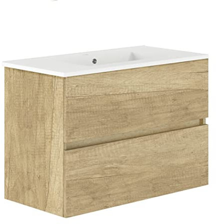 Baikal, Conjunto de baño Natura. Mueble de Baño de Fondo Reducido, con Lavabo cerámico. Distribución Dos Cajones. Mueble MONTADO. Dos Cajones sin Espejo. Fondo 39cm 90 cm Nature