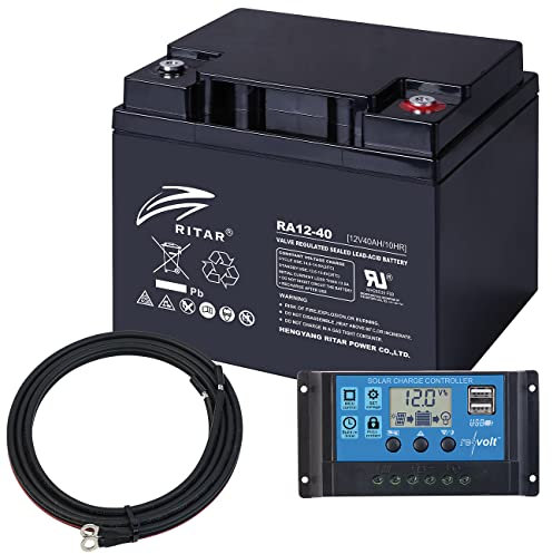 revolt Solar-Laderegler USB: Wartungsfreie Blei-Batterie mit 12 Volt, 40 Ah + Solar-Laderegler 30A (Solaranlage Laderegler, Laderegler mit Timer, Kfz 12V)