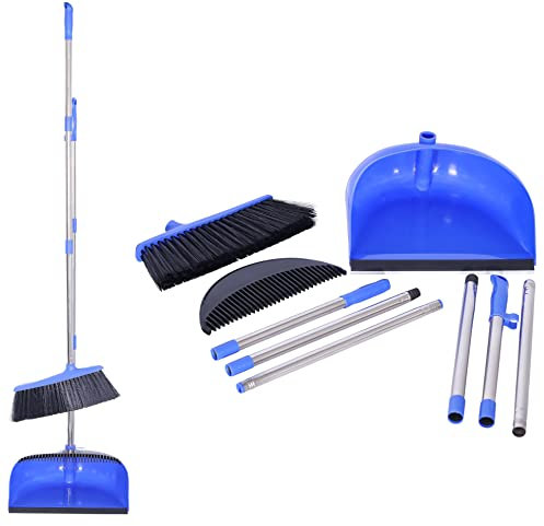 K-ONE Dustpan and Brush Set with Soft Bristle Broom Long Handled Brush Floor Sweeper Set Household Dust pan for Indoor Office Cleaning and Sweeping (Blue)