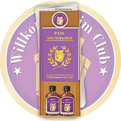 Geschenke Box - Pass Alte Schachtel mit Kräuterlikör und Ansteckbutton Willkommen im Club - Clubausweis der Alten Schachteln im Geschenke Set zum Geburtstag für Oma Geburtstagsgeschenk Rentner