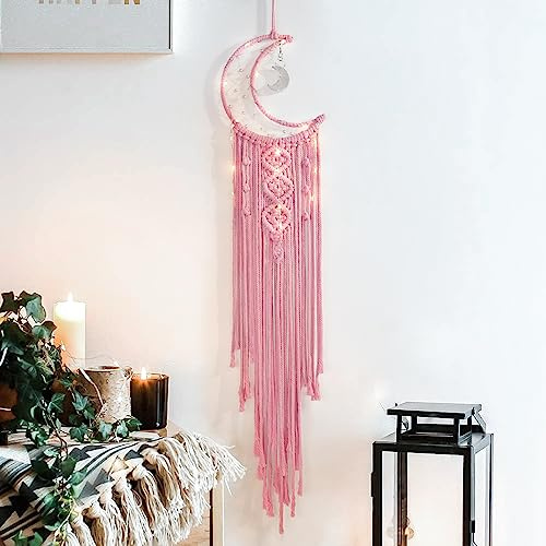 ANROYE Makramee-Mond-Traumfänger für Mädchen, rosa Boho-Halbmond-Traumfänger für Schlafzimmer Erwachsene, handgefertigtes Kinderzimmer, Wandbehang mit Stern-Anhänger für Teenager, böhmische