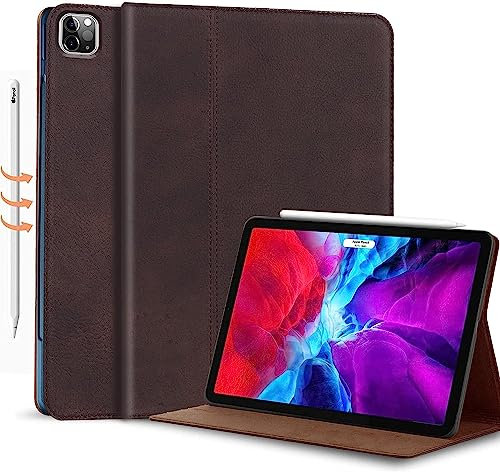 Gexmil Leder Hülle für iPad Pro 12,9 Zoll 6./5./4./3. Generation 2022/2021/2020/2018 Echt Leder Cover Stoßfest,rutschfest,Automatischer Schlaf/Aufwachen,Einstellbarer Ständer, Sand Dark braun
