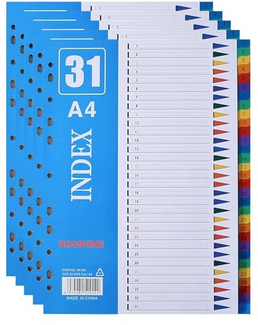 1-31 Part File Dividers A4, 5 Pack Plastic Folder Dividers for Ring Binder | with Multi-Punched11-Holes Index & Content List, Multi-Colour Index Dividers for Lever Arch Files