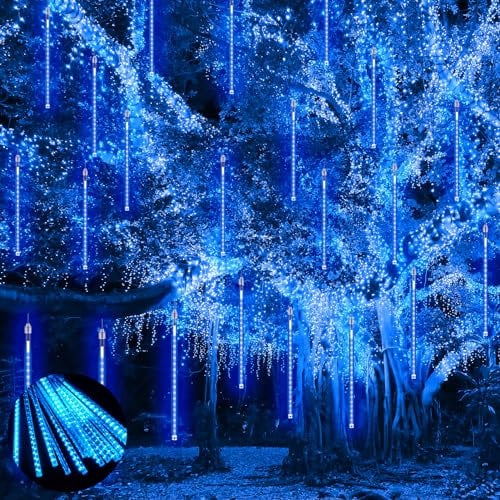 PEMOTech Meteor Shower Lights Outdoor, 15 Tubes 540 LED 30cm Christmas Icicle Lights for Party Wedding Tree Garden Decorations, Blue