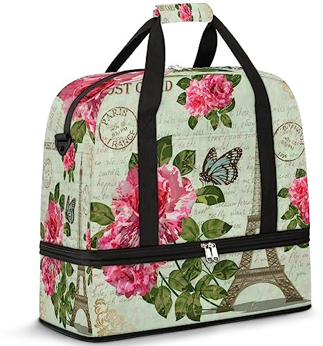 Paris Retro Faltbare Reisetasche Paris Postkarte 47L Wochenendtasche mit Trolleyhülle nass getrennt Schultertasche Tragetasche für Sport Gym Reisen, multi, 47L, Reisetasche