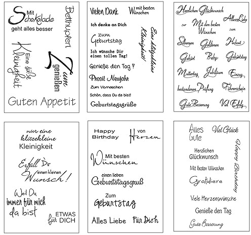 Funnytek Silikonstempel Sprüche Deutsch Set, 6 Blätter Geburtstag Stempel-B | Clear Stamps Glückwünsche, Silikonstempel Deutsche Texte für Bullet Journal Scrapbooking,Tiere und Blumen Stempelset