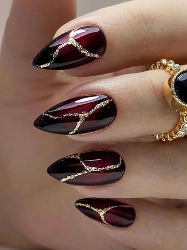 Faux Ongles Court MouyouGlow,Amande Halloween Noir Rouge Or Wavy Shimmer Gothic Press on Nails avec Colle à Ongles,Black Red Goldene Linien Glitzer Fake Nails