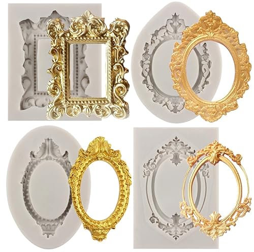 MYPRACS Photo Frame Silicone Moulds Baroque Style Picture Frames Fondant Mould for Cupcake Topper Cake Decoration Chocolate Candy Polymer Clay Gum Paste Set of 4