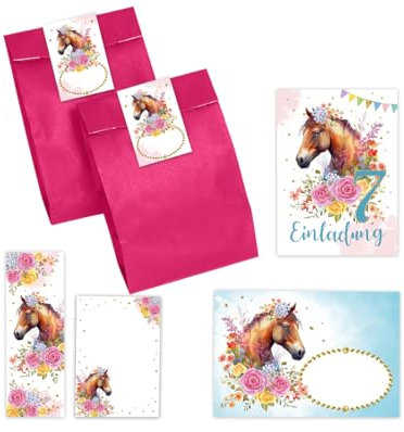 12 Einladungskarten zum 7. Kindergeburtstag Mädchen Pferd Einladung siebte Geburtstag incl. 12 Umschläge, 12 Partytüten/rosa, 12 Aufkleber, 12 Lesezeichen, 12 Mini-Notizblöcke