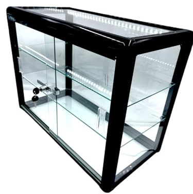 Elegant Black Aluminum Display Table Top Tempered Glass Show Case. Sliding Glass Doors with Lock - Option with LED Lights (with LED Lights)