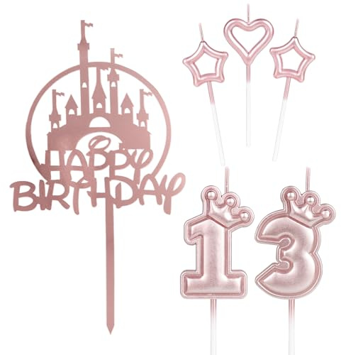Happy 13th Birthday Candles Cake Toppers, Pink Castle Cake Topper, Crown Number 13 Candle for Cake, Pink Cake Candles Cake Toppers for Girls Women Birthday Party 13th Wedding Anniversary Decorations