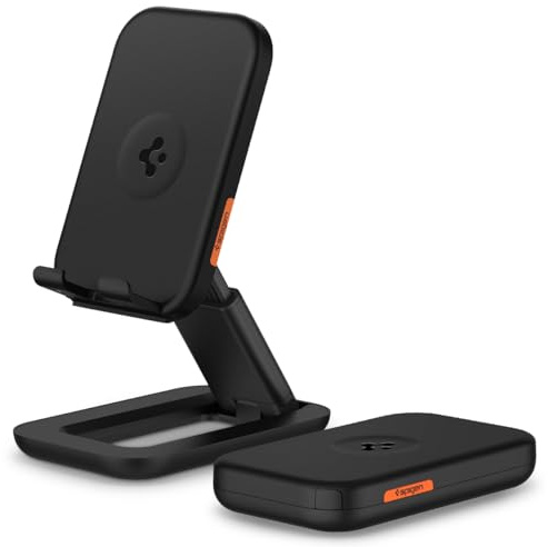 Spigen Handy Halterung [inkl. Aufbewahrungstasche & Klappbar] Verstellbarer Handy Ständer Reise- und Schreibtisch Zubehör für iPhone 17/16/15/14 Pro Max Air, Galaxy S25, Pixel 10 Pro Fold XL - Schwarz | Für alle iPhone, Galaxy S/Z Fold/Z Flip, Pixel-Serie, Tablets, tragbare Monitore, Nintendo Switch und mehr – Schwarz