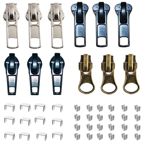 cpqakb 12 Pcs Zipper Pull Replacement 5 Zippers Repair Kit Lockable Slider | zippers Bottom and Top Stop , Fix Zip Head On For Repairing Coats ,Jackets , Metal Plastic and Nylon Coil Zippers.