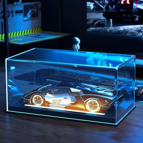 Beleuchtete Vitrine für Modellautos im Maßstab 1:24, Keine montierbare Vitrine mit Lichtern und Ledersockel, transparente Acryl-Displaybox für Autos, Baseball, Tennis, staubdicht, UV-Schutz (27,9 x