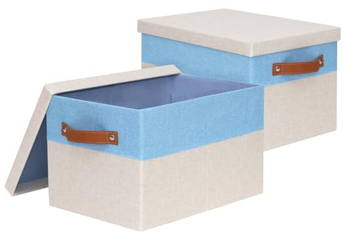 BinWhiz Pack of 2 Large Storage Boxes with Lids, Foldable Fabric Storage Boxes for Shelves with Leather Handle, Decorative Storage Box for Clothes, Books, 38x28x24 cm (Blue & Beige)
