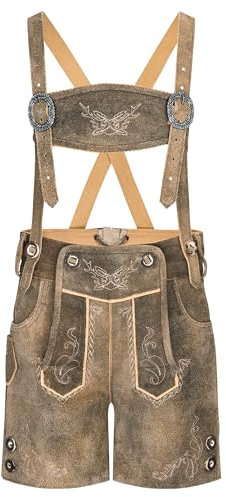 Schöneberger Trachten Couture Pantalones de piel para niños – Pantalones de cuero antiguos para niños y niñas, pantalones tradicionales de piel de terciopelo para Oktoberfest, Marrón-Gris, 122