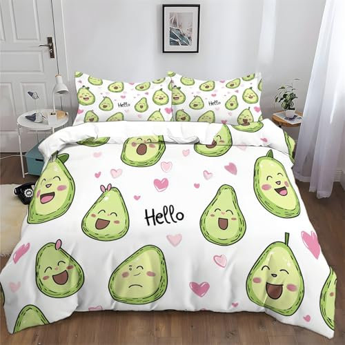 Bettbezug Niedliche Lächelnde Avocado Muster, 135 x 200 cm Mikrofaser Bettbezug mit Reißverschluss, Grün Weich Bettwäsche Set mit 2 Kissenbezügen 80 x 80 cm