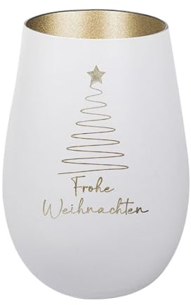 Der-Porzellan-Laden Windlicht mit Gravur Frohe Weihnachten Baum schlicht | Weiß Gold, Teelichthalter Weihnachten aus Glas, Weihnachtsdeko Tischdeko