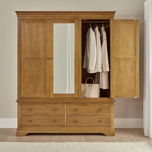 French Louis Oak 3 Door Triple Wardrobe with Mirror and 4 Drawers – Solid Oak Frame, Elegant Storage Solution for Bedrooms – 200cm H x 150cm W x 60cm D