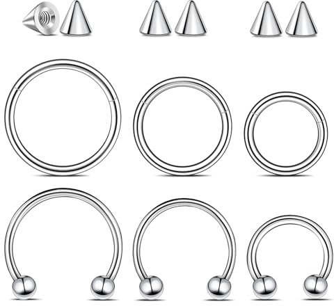 12 PCS 16G Hufeisen Piercing Septum Lippenpiercing 8/10/12 mm | Silber Nasenseptum Chirurgenstahl Knorpel Ohrpiercing mit Ersatz Spike für Frauen Männer Verschiedene Größen