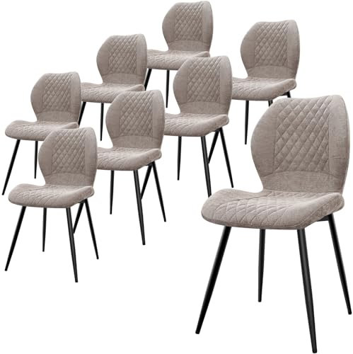 LEWE Leinen Esszimmerstühle 8er Set, Modernes Karomuster mit Metallbein, gepolstert, Armloser Küchenstuhl für Restaurant/Wohnzimmer/Schlafzimmer, [Braun]