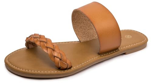 HEVA Geflochtene Slide-Sandalen für Frauen Offene Zehe Zwei Band Slip On Flache Sandalen Lässige Sommer sandalen(6.5UK 40EU,Braun)