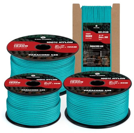 Kamu Synber Paracord 3mm x 15m Paracord 425 100% Nylon Seil Typ II Schnüre mit 3 Kern für Basteln, Outdoor, Camping, Survival | Tragkraft 192kg | Türkis