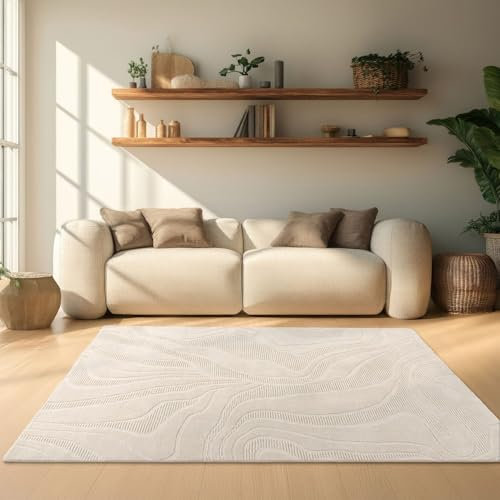 TT Home Wohnzimmer Teppich Esszimmer Kurzflor Japandi Skandinavisch Boho Design Panglao Abstrakt Soft-Touch Hoch-Tief-Effekt, Größe:200x280 cm