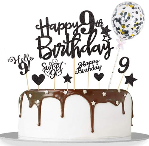 Catelves Tortendeko 9 Geburtstag Junge Mädchen,10 Stk Glitzer Kuchendeko Geburtstag 9 Jahre Mädchen,Happy 9th Birthday Cake Topper Schwarz,Sweet 9 Torten Deko mit Stern Herz Konfetti-Ballons